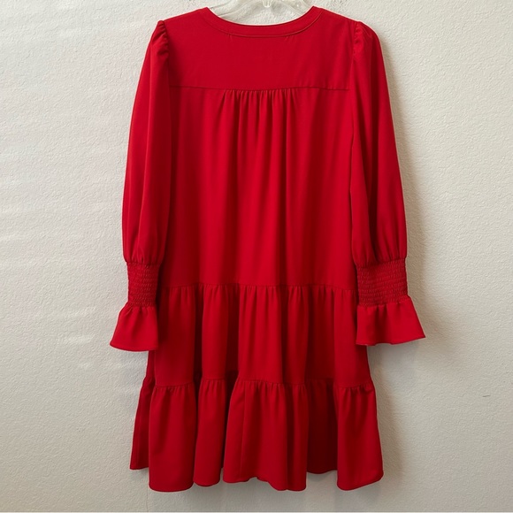 Tuckernot Pomander Place Red Crepe Kenzo Ruffle via-neck long sleeve Dress Sz L - Picture 12 of 16